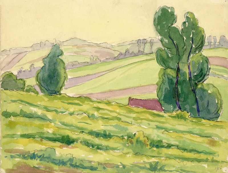 'Landschap in aquarel' de Albert Daenens, aquarela sobre papel mostrando colinas suaves e natureza serena.