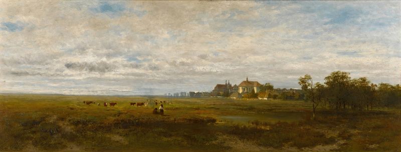 Pintura a óleo de paisagem por Wladyslaw Malecki mostrando colinas e árvores ao amanhecer.