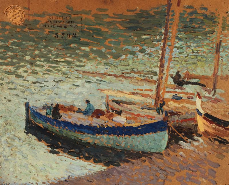 Bouquet de bleuets – Barques au port de Henri Martin, óleo sobre tela que retrata uma paisagem com flores de milho.