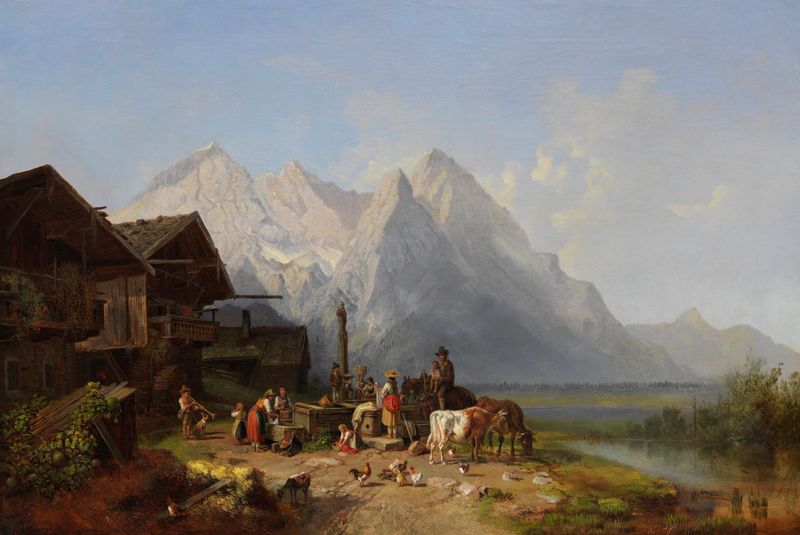 Landscape with a village fountain and mountains by Heinrich Bürkel, oil painting