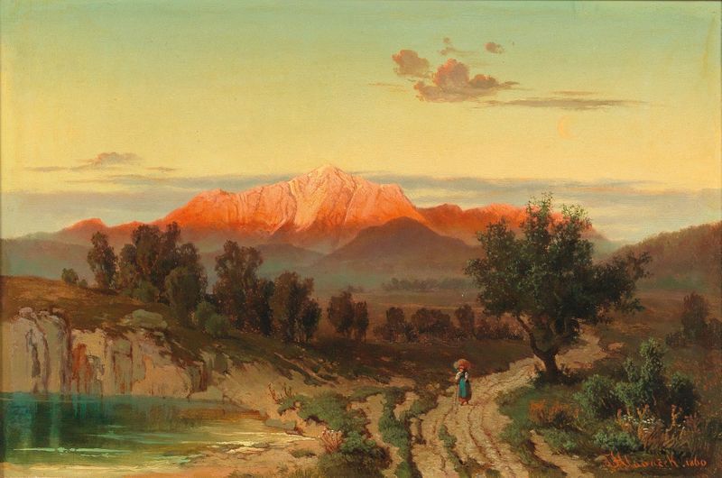 Sunset Over The Hoher Göll, óleo sobre tela de Anton Hlavacek, retrata uma paisagem crepuscular vibrante com montanhas.