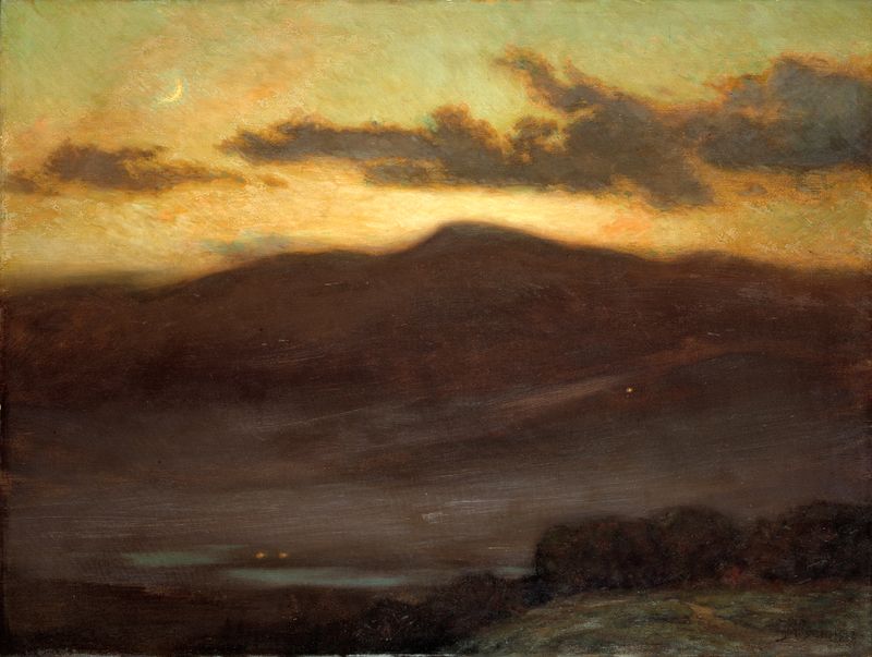 Sunset, Mount McIntyre by James Henry Moser, oil on canvas, landscape with deep oranges and purples
