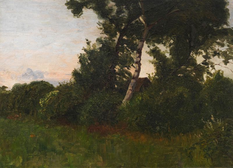 Sommerabend de Otto Modersohn, pintura al óleo que muestra un paisaje sereno con hierbas altas y luz dorada.