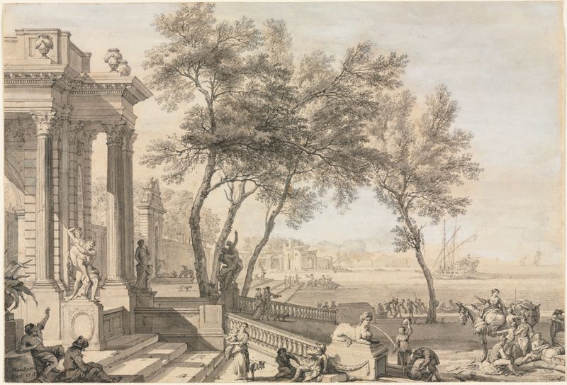 Harbor scene with architecture and figures, oil on canvas by Isaac de Moucheron