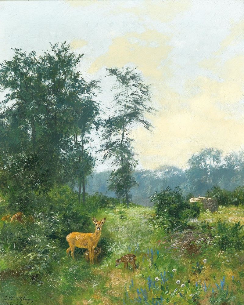 Ciervo en un bosque, pintura al óleo de Josef Schmitzberger