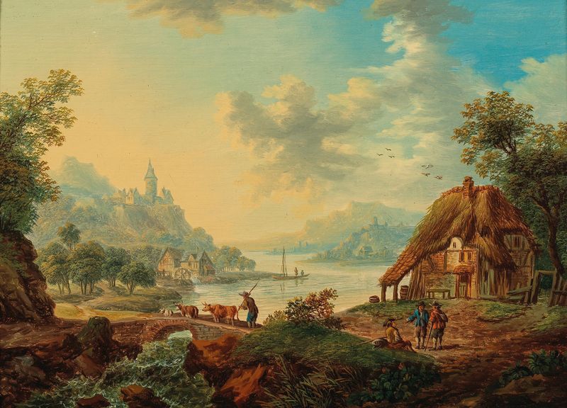 Rhenish river landscape with countryfolk, oil on canvas by Franz Hochecker