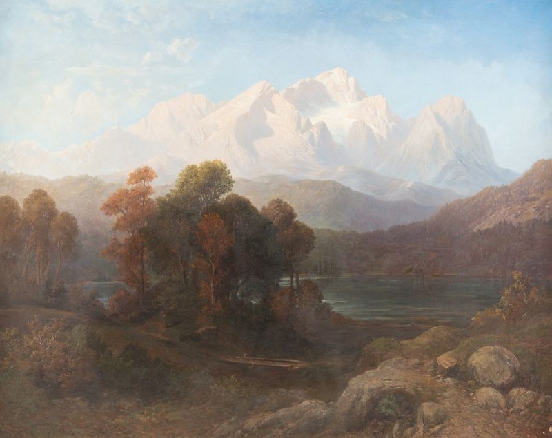 Panorama alpino con lago montañoso, pintura al óleo de Gustav Adolf Horst
