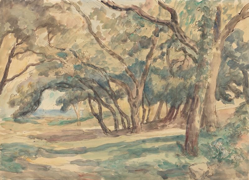 Wooded Glade near St. Tropez by Roger Fry, oil painting depicting a tranquil forest scene
