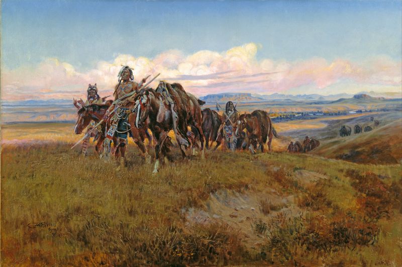 Pintura al óleo de paisaje de Charles Marion Russell con montañas escarpadas y un cielo tormentoso