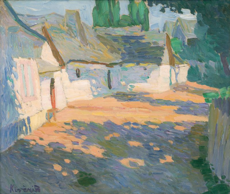 Village courtyard illuminated by morning light, oil painting by Konštantín Kövári-Kačmarik