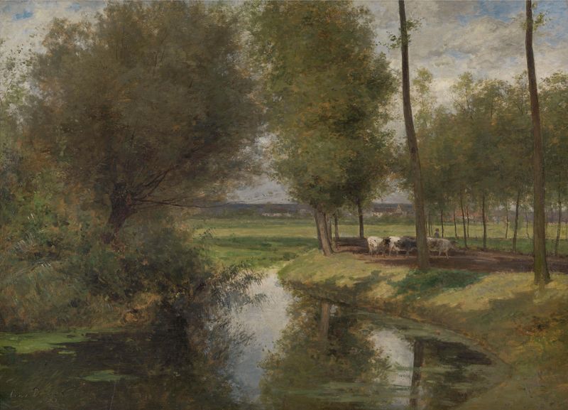 Landscape by César De Cock, oil on canvas, depicting a river and lush flora