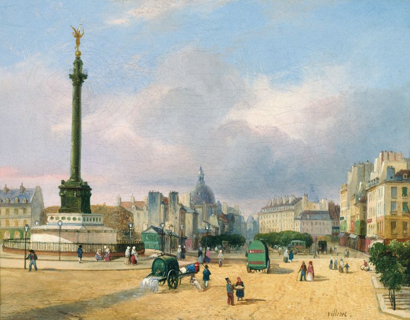 La place de la Bastille by François Etienne Villeret, oil painting depicting an urban landscape.