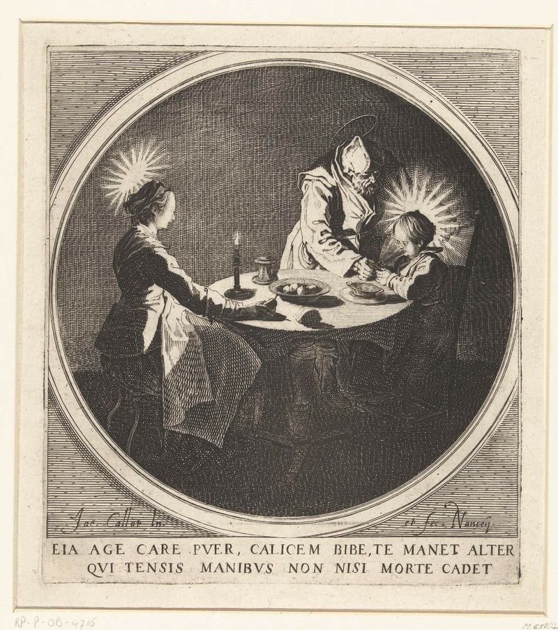 De Heilige Familie aan tafel de Jacques Callot, grabado que muestra a la Virgen María y figuras sagradas en una mesa.