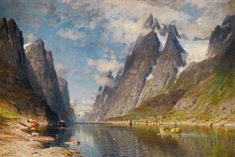 A Norwegian fjord by Adelsteen Normann, oil on canvas depicting calm waters and sunset.
