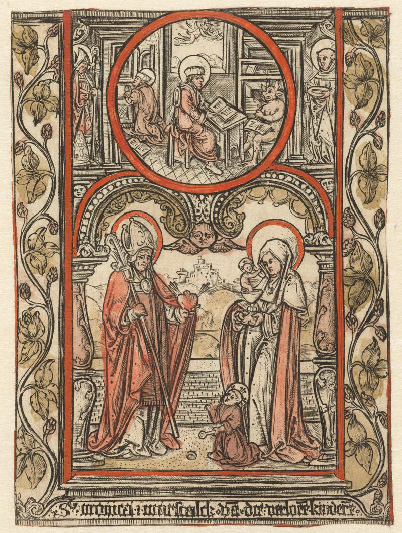 Engraving by Allaert Claesz depicting Saint Augustine and Saint Monica in contemplation.
