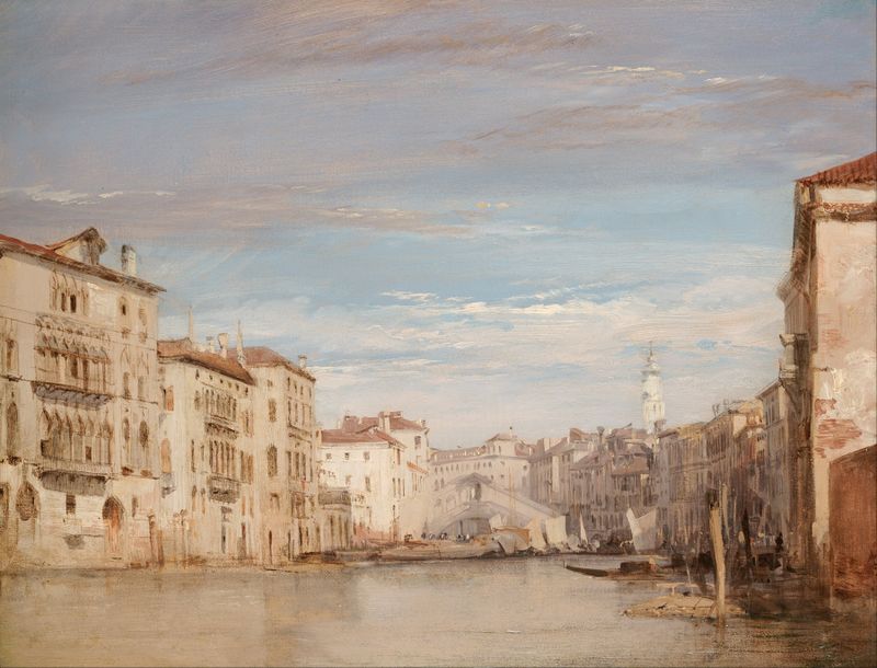 Oil painting of The Grand Canal, Venice by Richard Parkes Bonington, featuring boats and reflections.