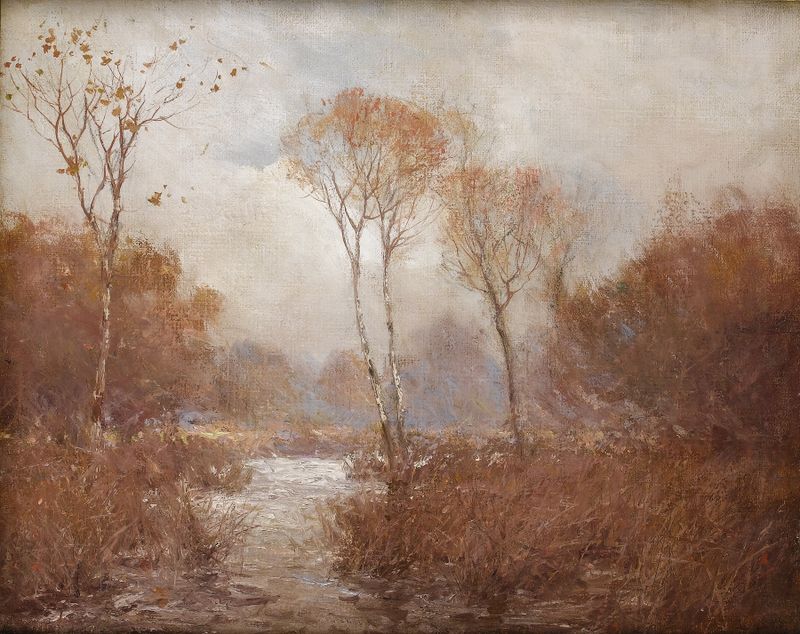October Landscape by Julian Onderdonk, oil on canvas depicting autumn foliage and warm light