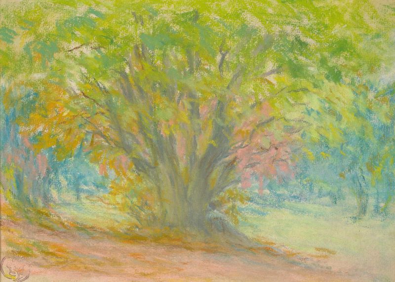 Early Autumn de Émile Schuffenecker, óleo sobre lienzo que muestra un bosque con luz filtrada.