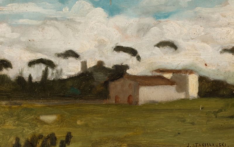 Landscape by Jan Stanisławski, oil on canvas depicting rolling hills in green and gold.