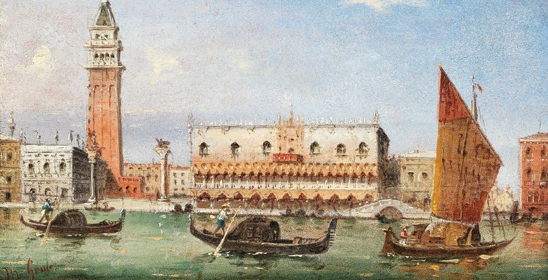 Gondolas on a canal with reflections, oil painting by Marco Grubas