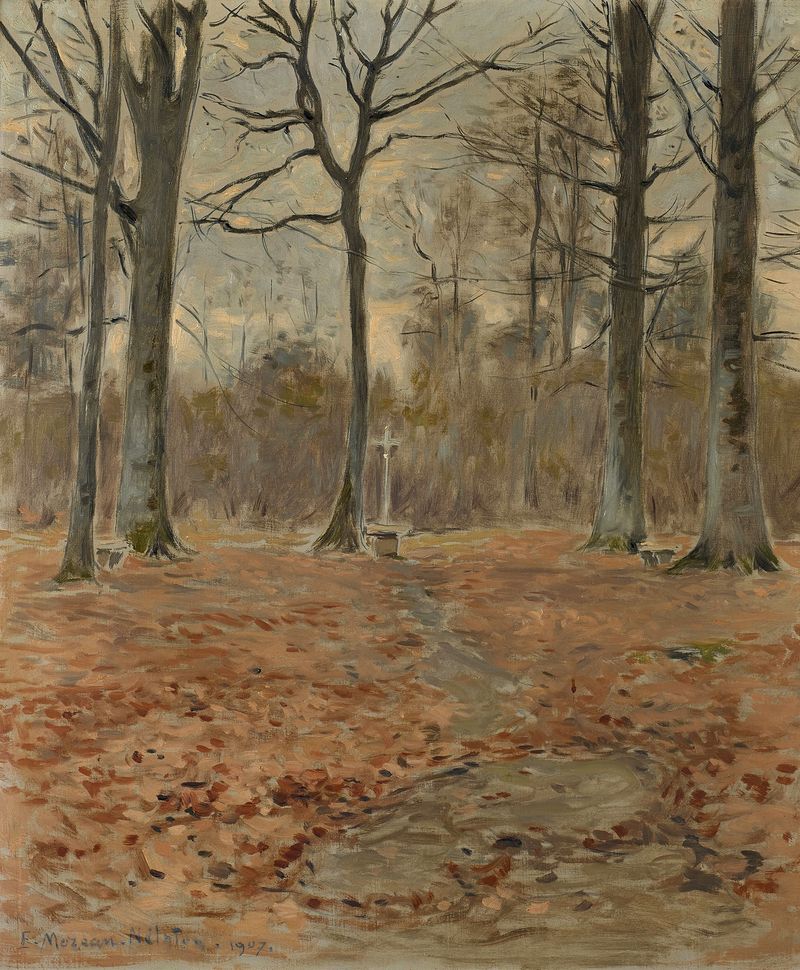 oil painting by Etienne Moreau-Nélaton depicting a wooden cross in lush undergrowth