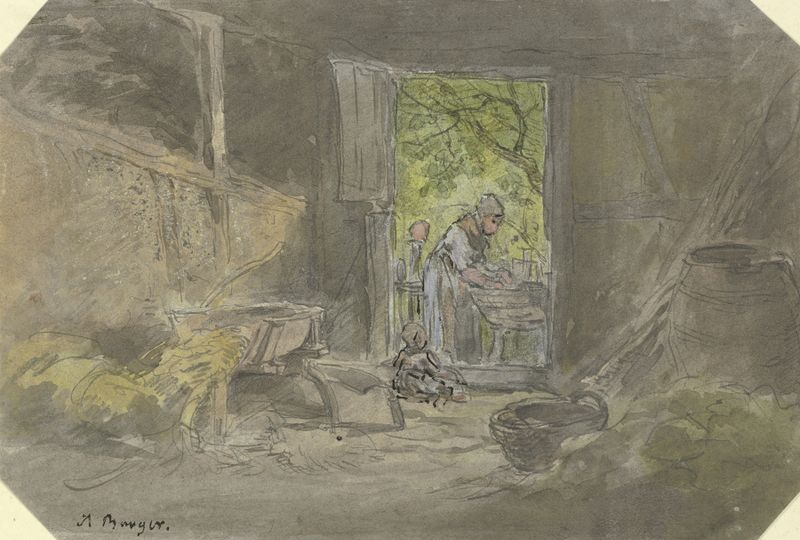 Genre scene oil painting by Anton Burger depicting a woman at a wash tub