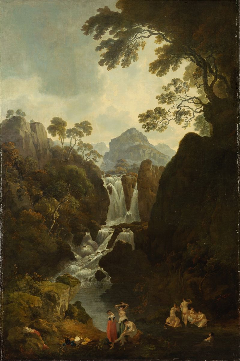 A Waterfall with Bathers, oil painting by Julius Caesar Ibbetson, depicting bathers near a lush waterfall.