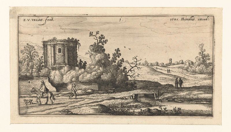 Landschap met ruïne van een romeinse tempel, gravura de Esaias van de Velde