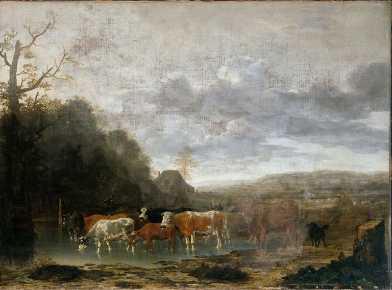 Landscape with Cattle de Anthonie Van Borssum, óleo sobre lienzo que muestra ganado pastando en un campo sereno.
