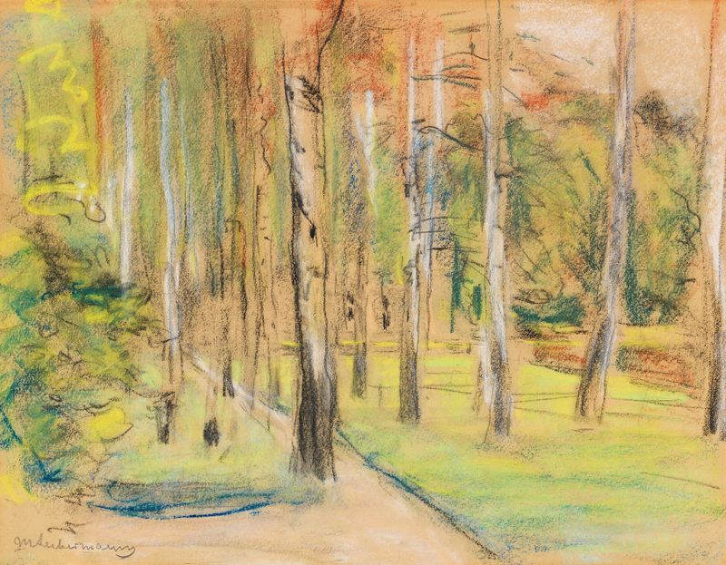 Paisagem de árvores de bétula e um caminho em pintura a óleo de Max Liebermann