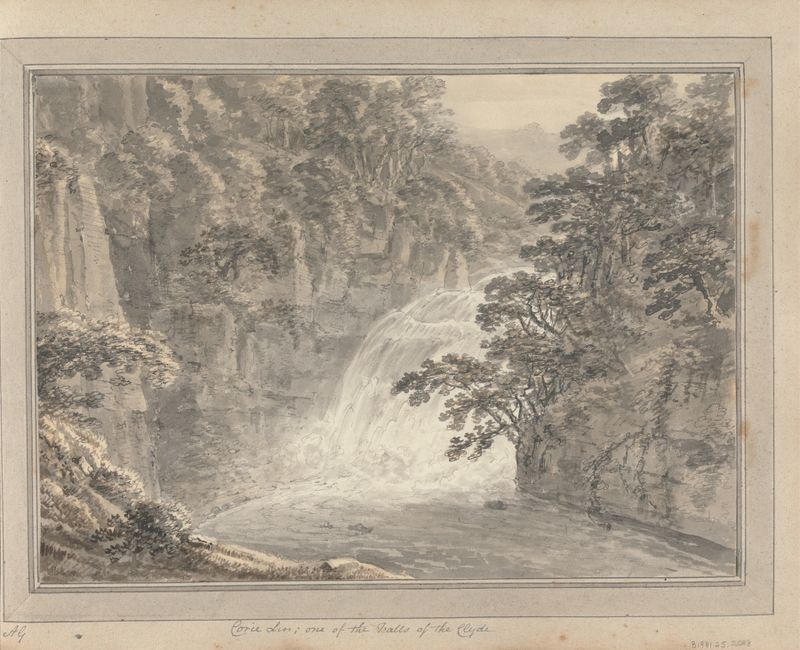 Engraving by Amos Green depicting Corie Lin waterfall in Scotland