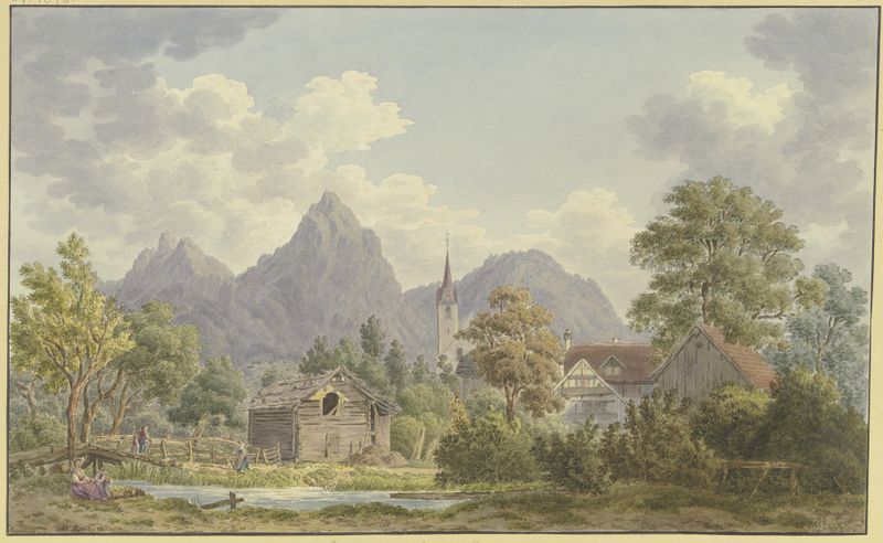 Paisaje que muestra un pueblo junto al agua, pintura al óleo de Achilles Benz