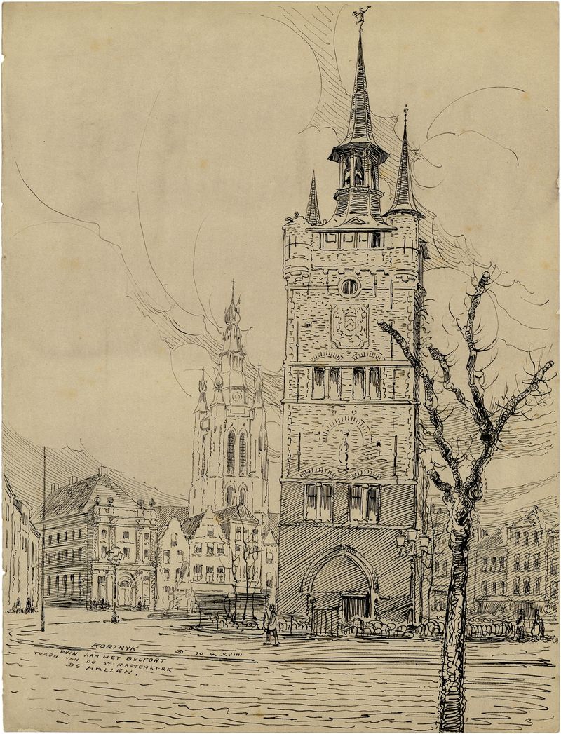 Óleo sobre lienzo de Alfred Ost que muestra una figura solitaria bajo un campanario en Kortrijk