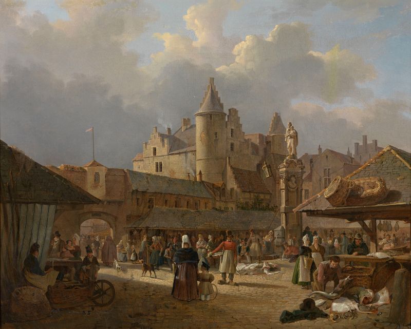 The Old Fish Market in Antwerp, oil painting by François Antoine Bossuet