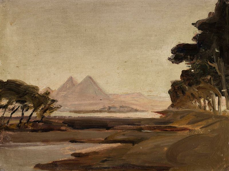 Paisagem com pirâmides e uma caravana no deserto, pintura a óleo de Jan Ciągliński