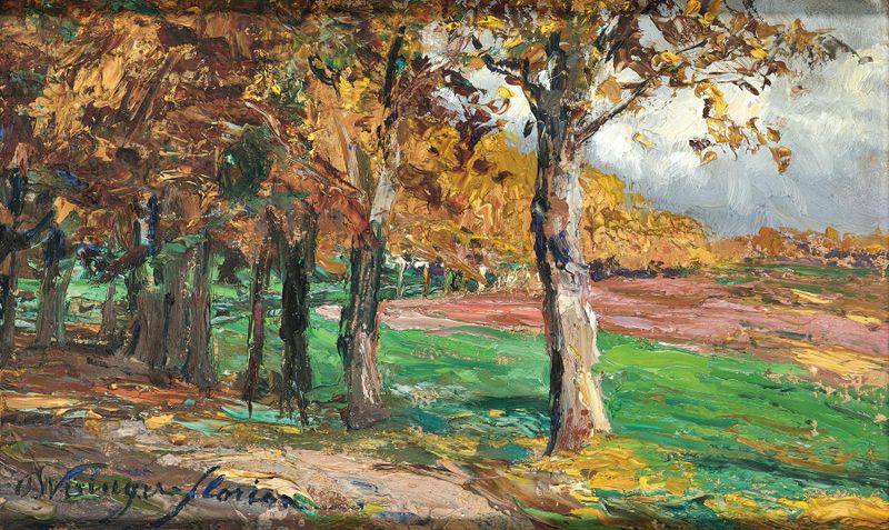 Study for the Platanus Alley de Olga Wisinger-Florian, pintura a óleo impressionista que mostra luz através das folhas