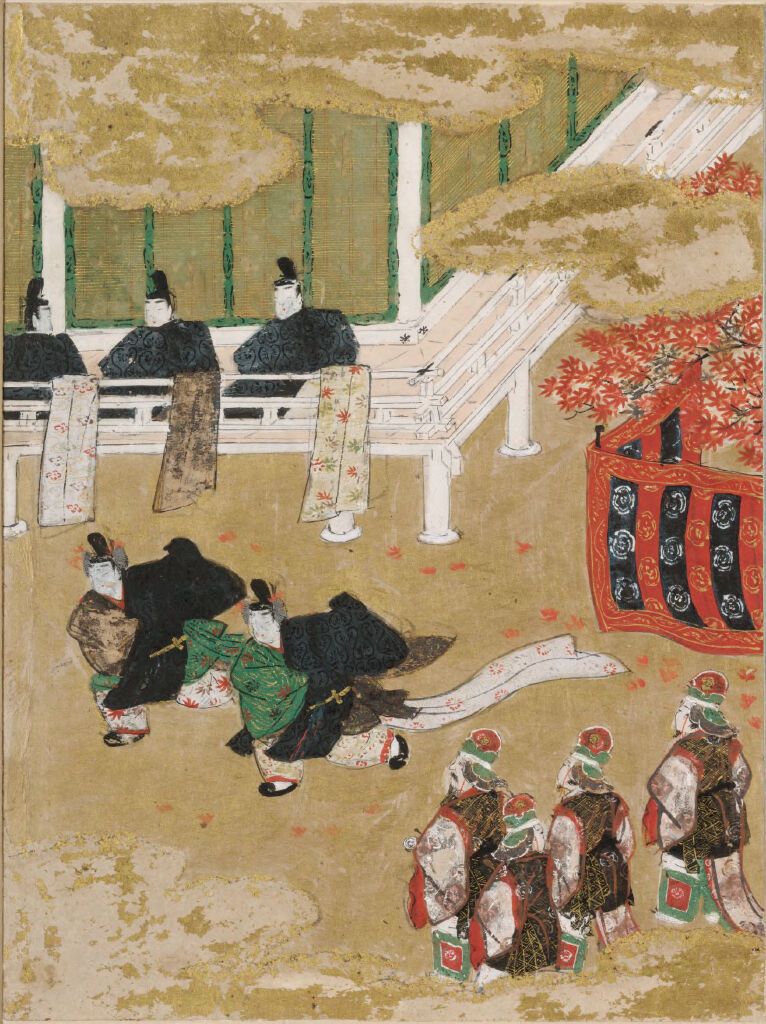 Illustration by Tosa Mitsunobu depicting autumn leaves in gold medium