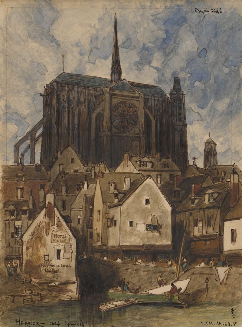 Exterior de una catedral de Louis-Adolphe Hervier, óleo sobre lienzo, que muestra intrincados trabajos en piedra y altas a...
