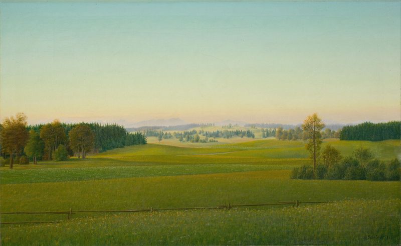Bayerische Landschaft by Georg Schrimpf, oil painting depicting a vast sky and green fields.