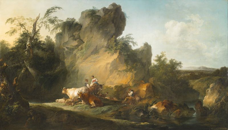 Landscape with Figures and Animals de Philip James de Loutherbourg, óleo que representa el amanecer con figuras y animales.