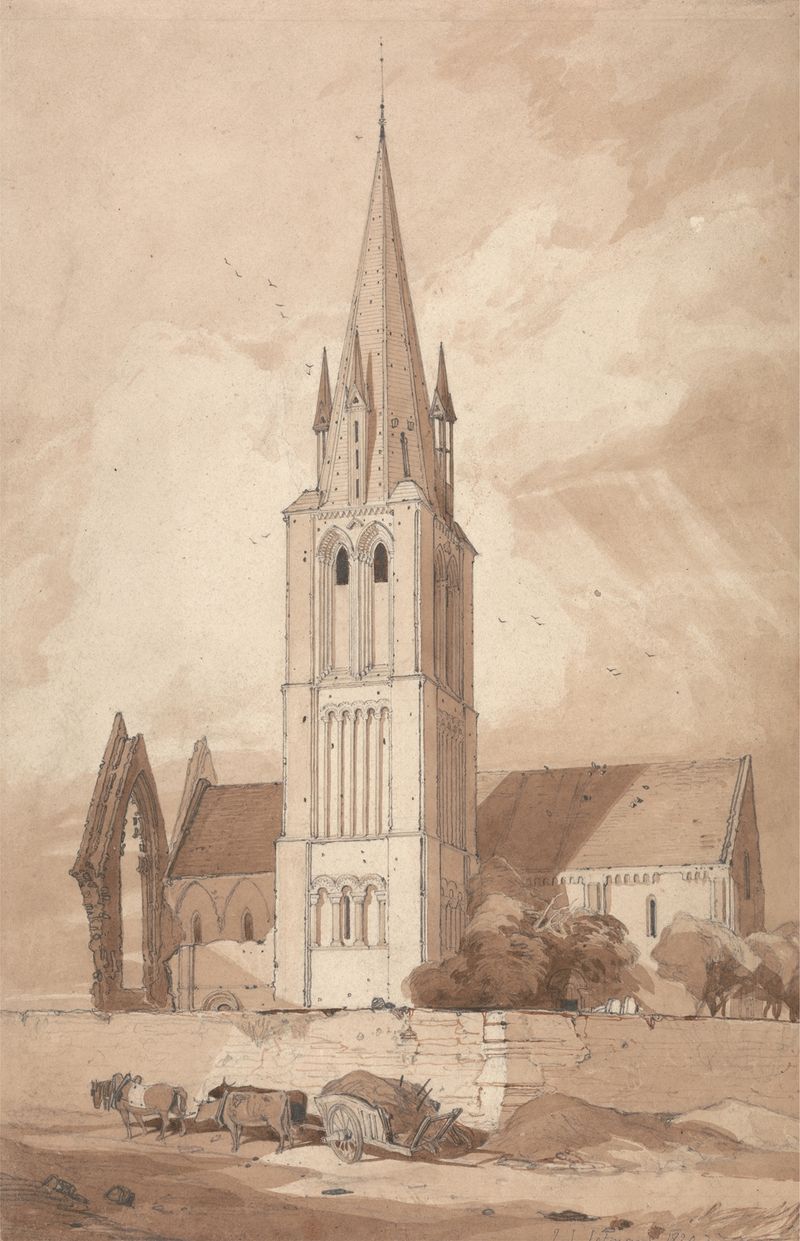 Douvres Church, Normandy de John Sell Cotman, pintura a óleo que retrata uma igreja sob um céu tempestuoso.