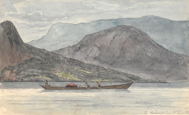 Fjordlandskab med robåd by Martinus Rørbye, oil on canvas depicting a tranquil fjord landscape.