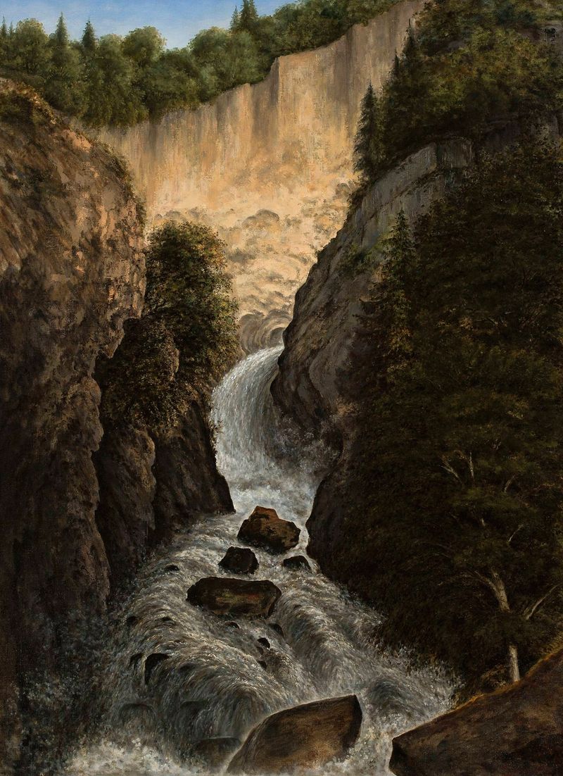 Mountain waterfall scene by Cyprian Lachnicki, depicting cascading water and rocky cliffs.
