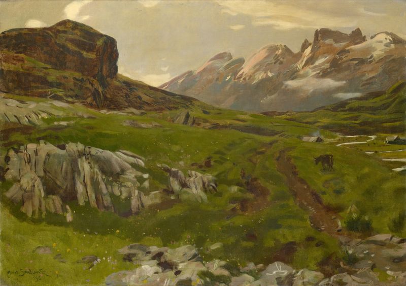 Landscape oil painting by Hans Sandreuter depicting mountains under a twilight sky