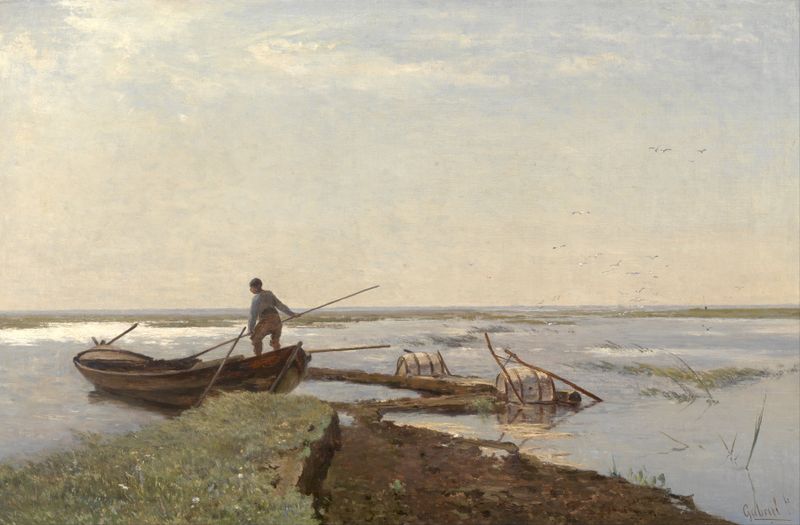 Polder Landscape by Paul Joseph Constantin Gabriël, oil on canvas depicting a serene waterway.