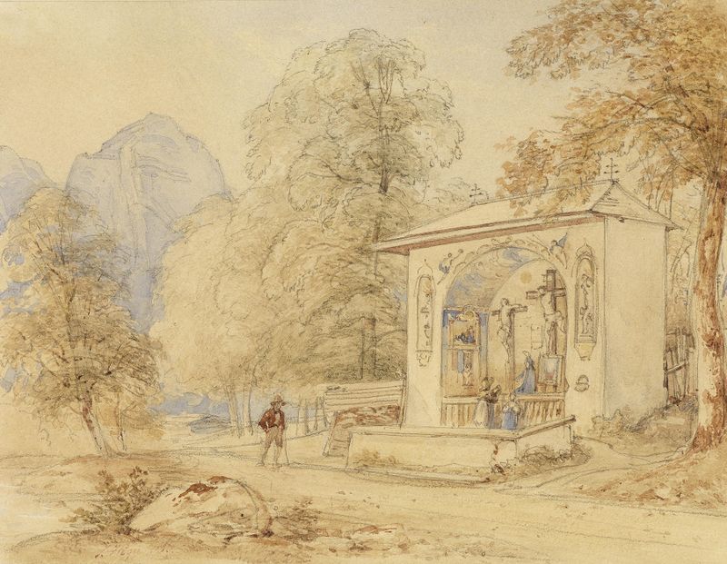 Wanderer und Golgothakapelle de Josef Höger, que muestra a un vagabundo en un paisaje rocoso.