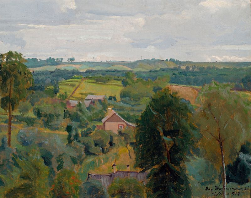 Landscape from Vilnius de Marcin Eugeniusz Kazimirowski, pintura al óleo impresionista que representa colinas y colores pa...