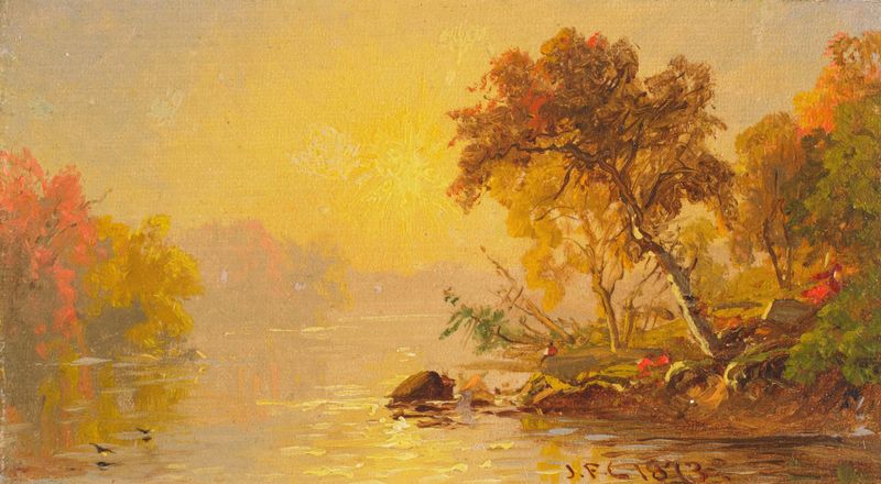 Paisagem de Jasper Francis Cropsey, óleo sobre tela representando luz dourada sobre a natureza.