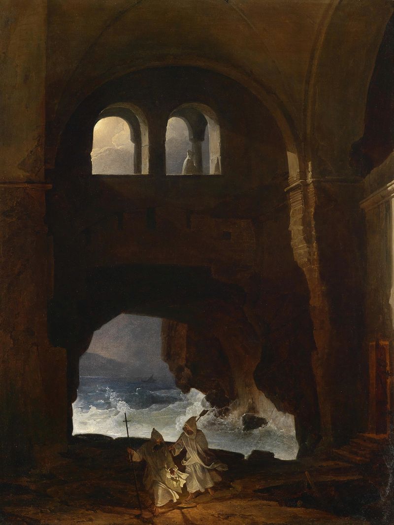Marine scene by Franz Ludwig Catel, depicting monks in a cloister by the sea, oil painting