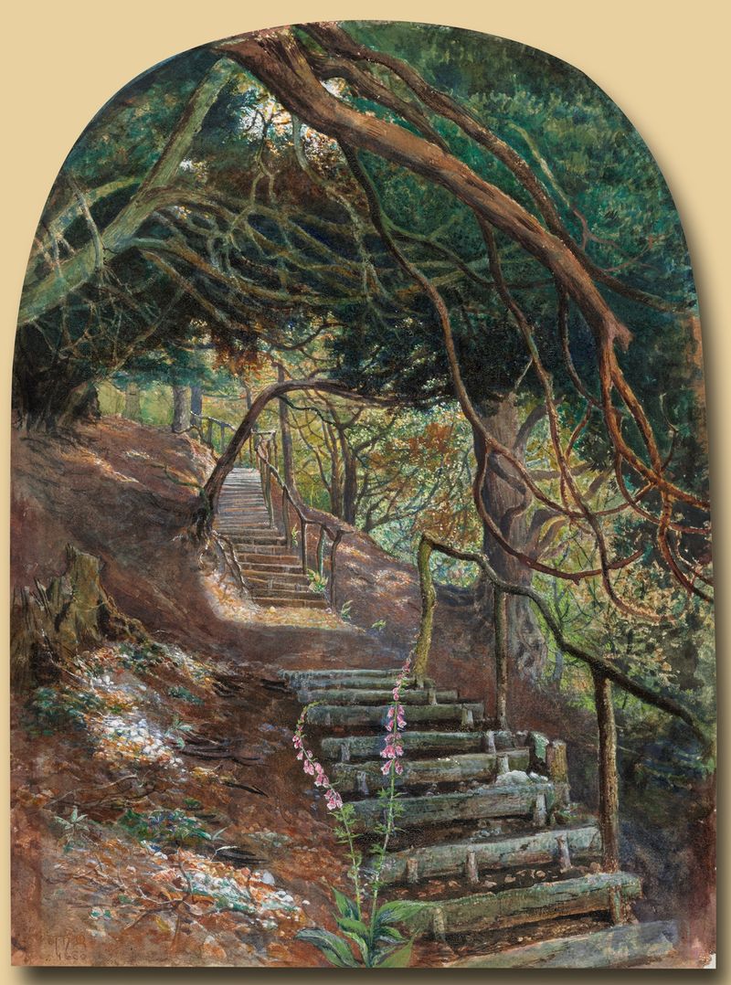 Pasos en un Jardín de William Henry Millais, pintura al óleo que muestra niños en un jardín.